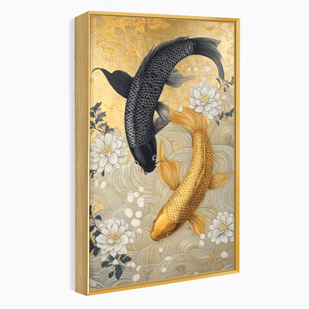 Tablou canvas cu tablou canvas cu doi pesti koi, in rama de aluminiu auriu